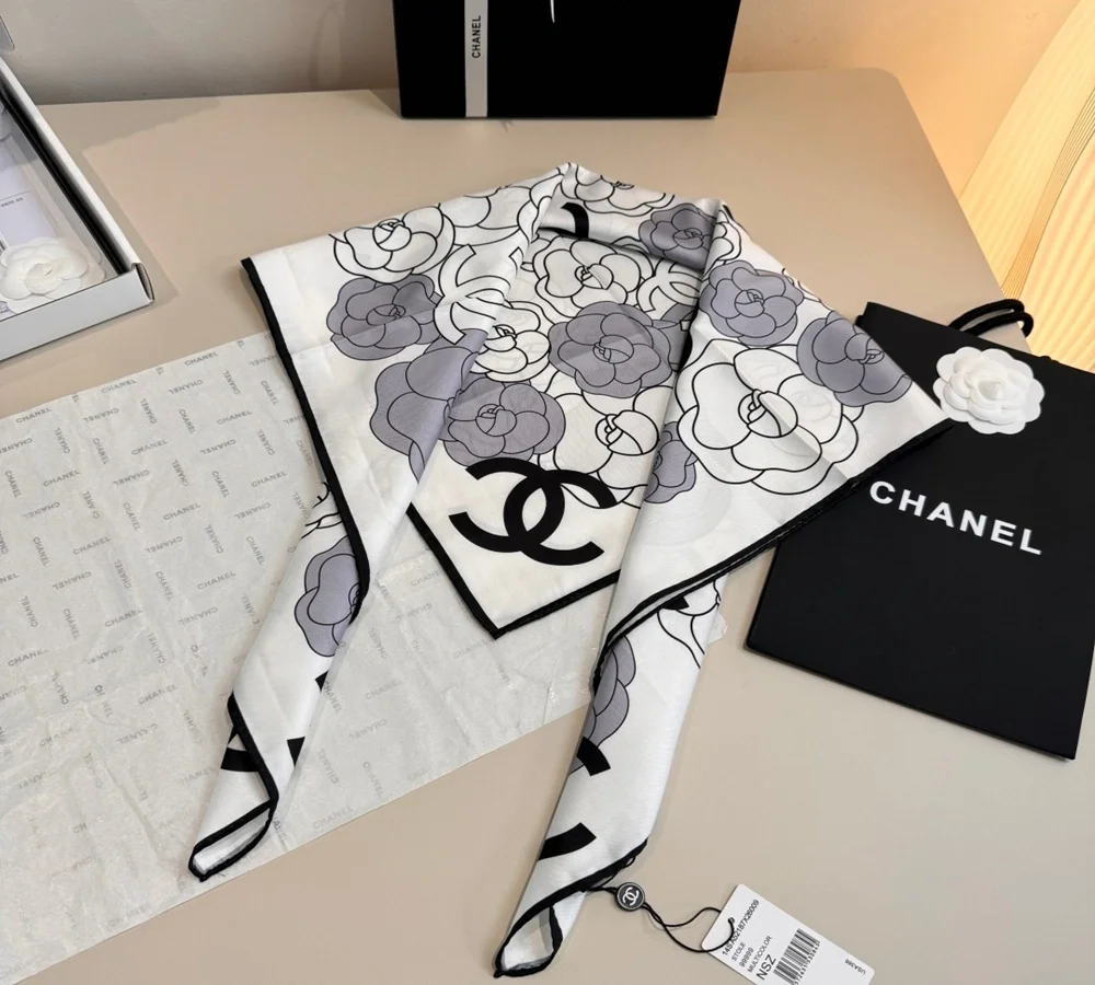 Chanel Camellia & CC Logo Silk Scarf